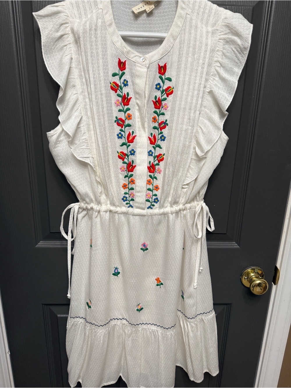 lovestitch White Embroidered Ruffle Waist Dress with Red Floral Accents
